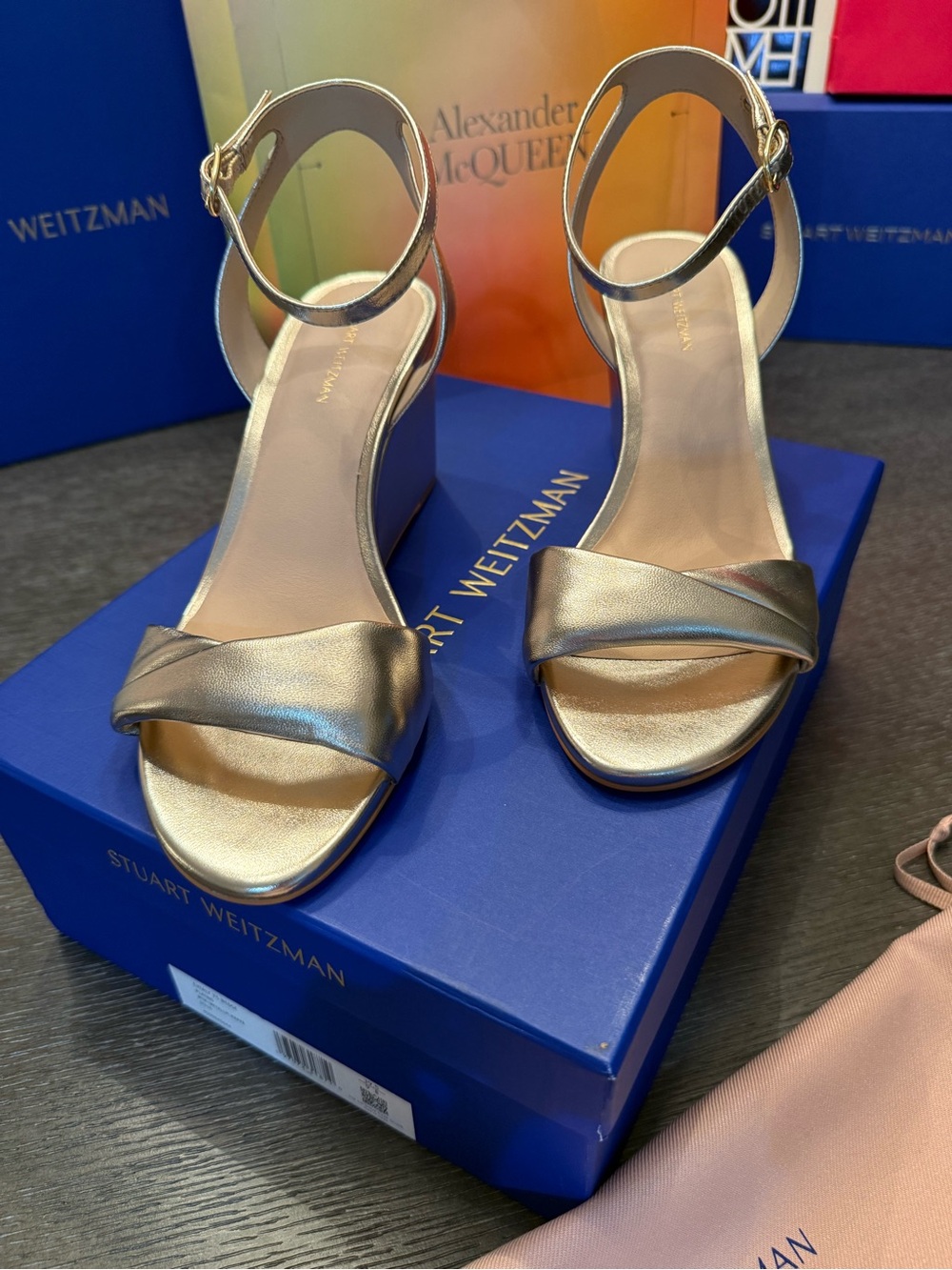 Stuart Weitzman Metallic Gold Ankle-Strap Wedge Espadrilles